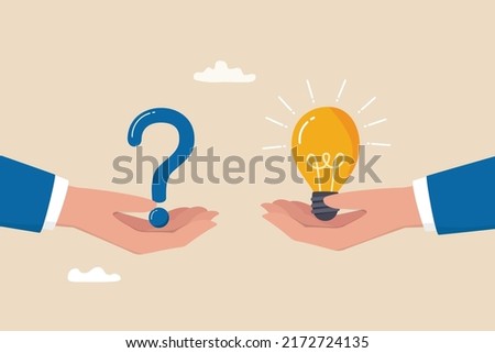 Question and answer, solving problem or business solution, ask for reply or idea to solve difficulty and trouble, FAQ concept, businessman hand holding question mark with other reply with lightbulb. Royalty-Free Stock Photo #2172724135