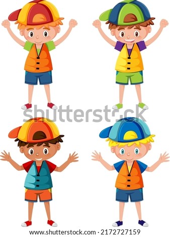 Set of boys wearing life jackets illustration
