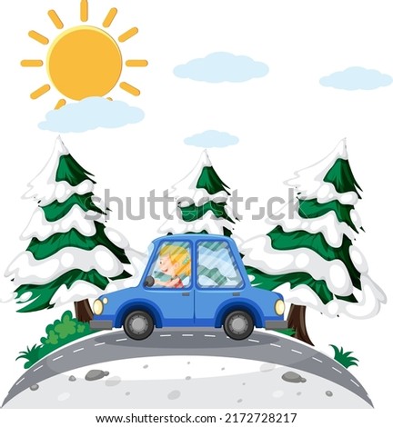 Simple cartoon of man driving a car on the road illustration
