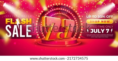 7 July Shopping Day Flash Sale Design with 3d 7.7 Number and Stage Podium on Red Background. Vector Special Offer Illustration for Coupon, Voucher, Banner, Flyer, Promotional Poster, Invitation or