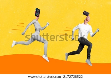 Composite collage image of two people black white gamma big arm hold post terminal debit card instead head running