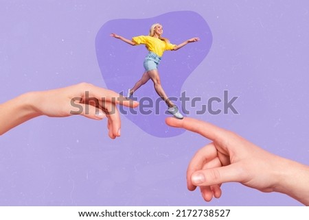 Composite collage portrait of positive crazy mini girl run walk two huge arms fingers isolated on purple background