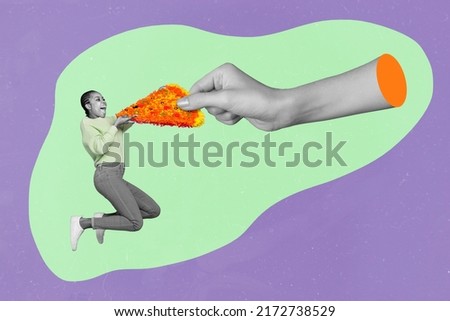 Composite collage picture of big arm hold give large pizza slice excited girl black white effect isolated on drawing background
