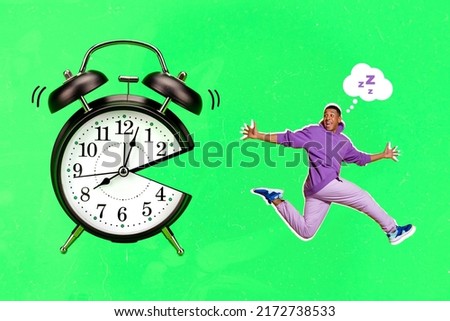 Collage picture of huge clock catch excited small running guy think sleep dream isolated on drawing green background