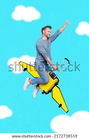 Vertical collage picture of positive excited guy sit flight suitcase isolated on sky cloud drawing background