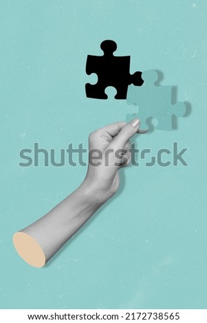 Vertical composite collage picture of human hand fingers black white effect hold last piece puzzle isolated on creative background