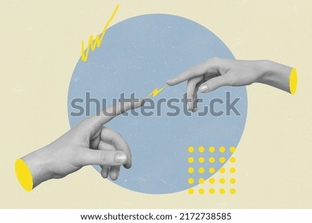 Composite collage picture of two hands black white effect reach touch fingers each other isolated on painted background