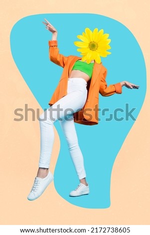 Vertical collage picture of girl dancing flower instead head isolated on painting creative background