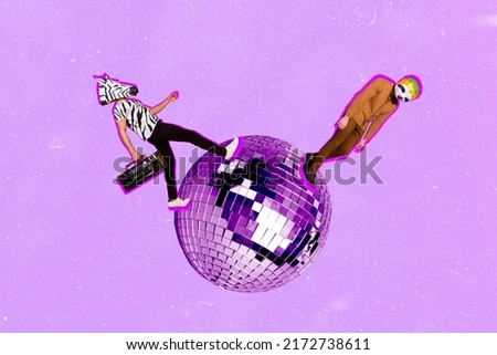 Composite creative collage image or two mini guys zebra sloth mask instead head walk huge disco ball isolated on purple background