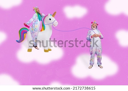 Creative collage image of two aged people wear pajama sit ride unicorn isolated on pink cloud background