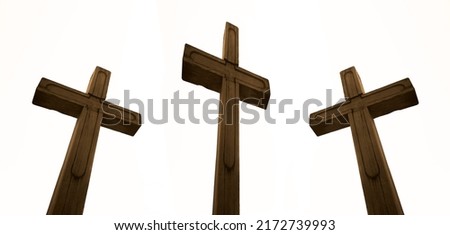 3 three Wooden Christian crosses isolated on white background - Religious Symbol. happy easter. 