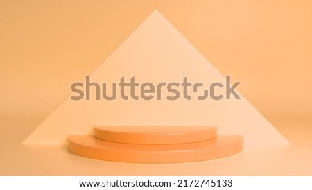 Orange glossy podium on abstract triangular background. Blank showcase mockup with empty round stage. Abstract geometry background. Stage for advertising product display with copy space. 3d render