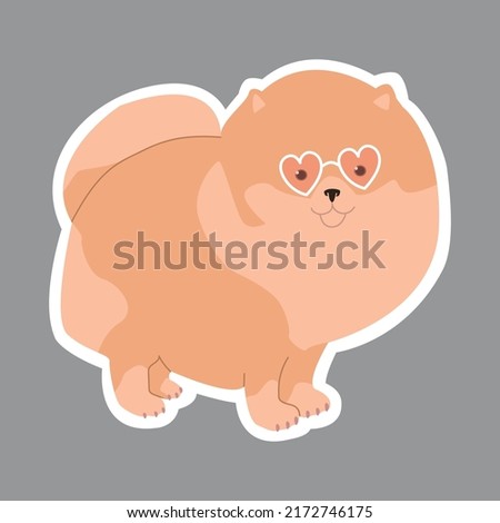 Pomeranian in pink glasses. Cute sticker. Vector illustration for children.