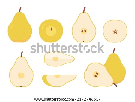 Yellow pear food whole, cut half, piece, part and slice chopped of fruit. Harvest ripe fruit. Popular healthy garden food pear. Vector flat illustration Royalty-Free Stock Photo #2172746617