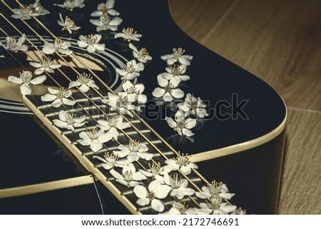 Black guitar. Beautiful white flowers. Guitar with flowers. Romantic guitar