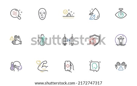 Health app, Recovered person and Eye laser line icons for website, printing. Collection of Dont touch, Thermometer, Water drop icons. Skin condition, Coronavirus vaccine. Vector