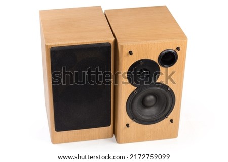 Pair of home high fidelity two-way loudspeaker system with bass reflex port in wooden housing, one of which with removed front decorative panel on a white background
