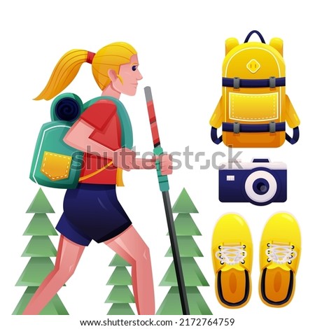Young treking female and professiona with backpack, camera and sneakers in cartoon character, vector illustration