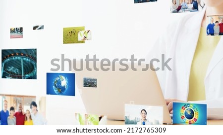 Woman watching videos with a laptop PC. Visual contents concept. Social networking service. Streaming video. communication network.