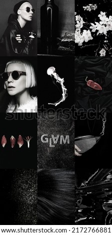 Set of trendy aesthetic photo collages. Minimalistic images of one top colors. Black fashion moodboard