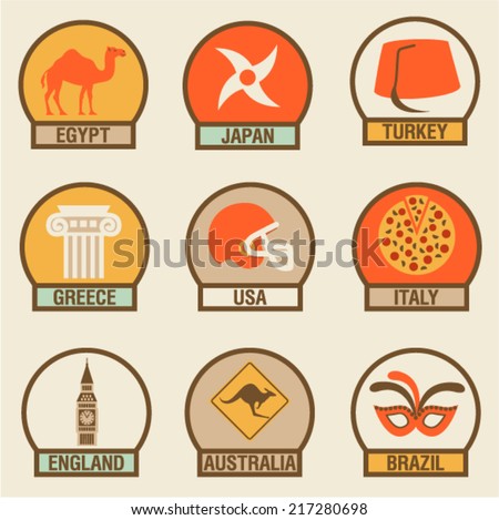 Vector illustration icon set of Country: Egypt, Japan, Turkey, Greece, USA, Italy, England, Australia, Brazil
