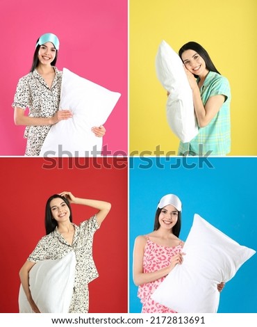 Collage with photos of young woman holding soft pillows on different color backgrounds