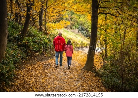 people walking in golden autumn landscape, yellow leaves in a forest or park, beautiful fall background, outdoor shot. High quality photo