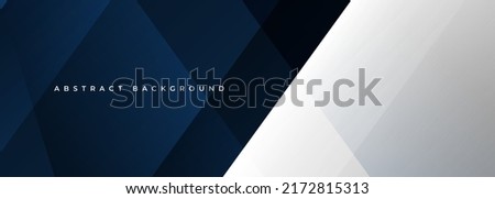 Blue and white modern abstract wide banner with geometric shapes. Dark blue and white abstract background. Vector illustration