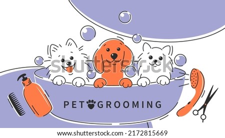 Pet grooming. Cartoon dogs and cat taking a bath full of soapy suds. Animal hair grooming, haircuts, bathing, hygiene. Vector illustration Royalty-Free Stock Photo #2172815669