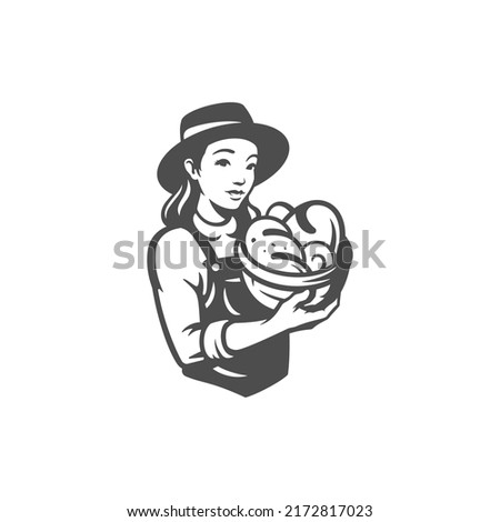 Farmer woman with fresh organic homemade baking pastry food loaf bread bun in basket vintage icon vector illustration. Female agricultural worker wheat flour seasonal harvest delicious food cook