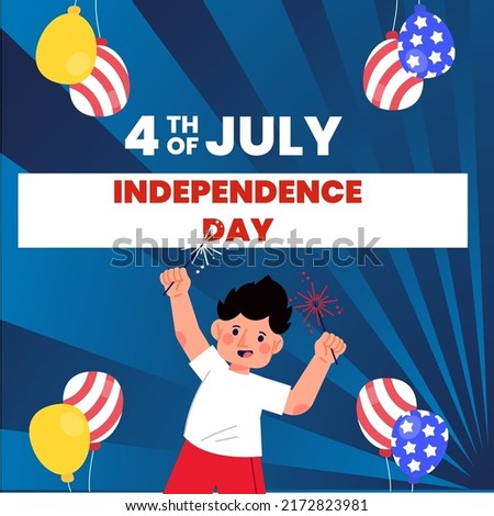 4th of July, USA Independence Day Banner, Greeting card and poster design with character and fIrework 
 background, Vector illustration