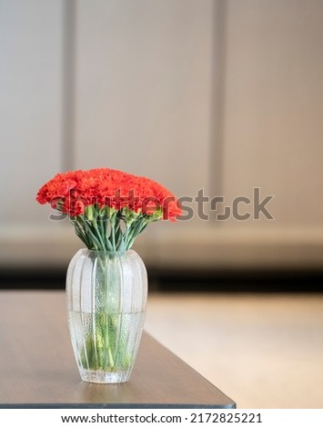 The scarlet flowers were placed in a glass vase on the table. The background image was blurred, making the flowers stand out.