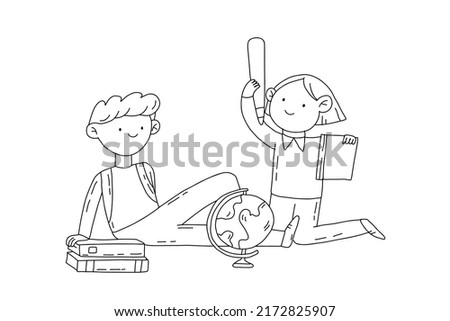 Outline children prepare for school hand drawn outline black and white illustration in doodle style isolated. Girl and boy cartoon characters back to school.