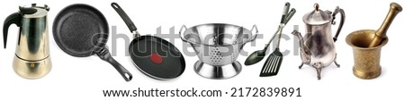 Collage of a set of kitchen utensils isolated on a white background.