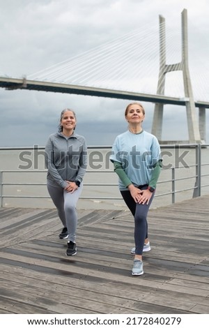 Vigorous friends exercising on embankment. Women in sportive clothes stretching on cloudy day. Sport, friendship concept