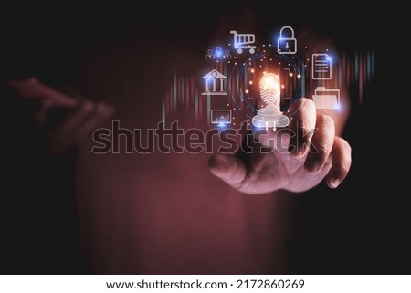 Businessman using fingerprint smartphone business and financial data with virtual graphic data information diagram network connection.biometrics security, innovation technology against digital