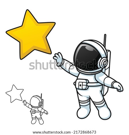 Cute Astronaut Standing Reaching Star with Black and White Line Art Drawing, Science Outer Space, Vector Character Illustration, Outline Cartoon Mascot Logo in Isolated White Background