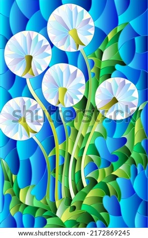 Stained glass illustration with bright abstract flowers on a blue background, rectangular image
