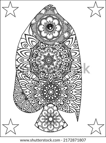 Ocean Animals Mandala Coloring Pages.
 Adult antistress coloring page. Black white hand drawn vector doodle of an oceanic animal for coloring book. Fish Mandala. Ocean animals  Zentangle Vector.