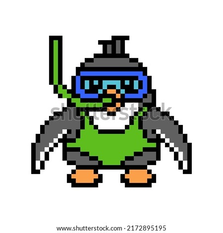 Penguin in green swimsuit, goggles and snorkel, cute pixel art animal character isolated on white background. 80s-90s 8 bit slot machine, video game graphics. Water sport training mascot. Diving logo.