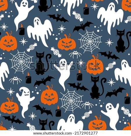 Seamless Halloween pattern. Vector illustration of Halloween party. Spider web, spider, ghost, bat, black cat and pumpkin. Vector cartoon seamless pattern.