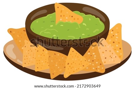 Bowl with guacamole and nachos. Traditional Mexican food. Hand drawn vector illustration. Suitable for website, stickers, postcards, menu.