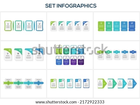 Set infographic with 4, 5, 8, steps, options, parts or processes. Business data visualization.