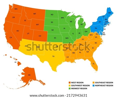 Geographic regions of the United States, political map. Five regions, according to their geographic position on the continent. Common but unofficial way of referring to regions of the United States. Royalty-Free Stock Photo #2172943631
