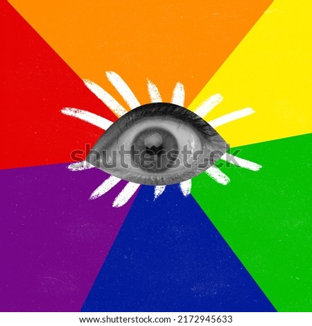 Contemporary art collage. conceptual image with female eye isolated over rainbow background. LGBT, LGBTQIA support. Concept of creativity, surrealism, imagination, emotions. Copy space for ad
