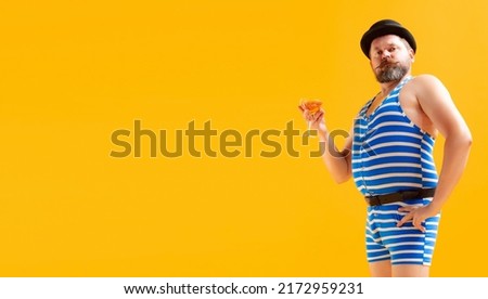 Funny seaman, fat cheerful man wearing retro striped swimsuit posing isolated on bright yellow background. Vacation, summer, funny meme emotions concept. Flyer with copy space for ad