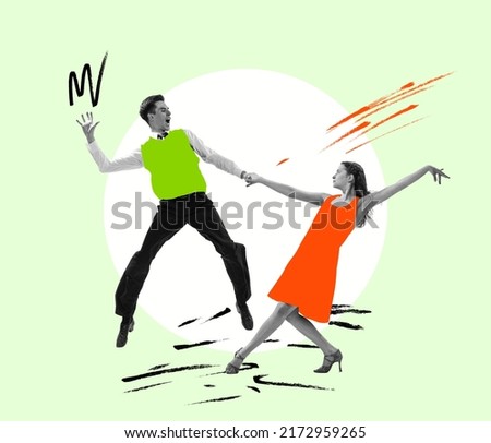 Jive. Energetic excited dancing couple in bright retro 70s, 80s style outfits dancing over colored background with drawings. Concept of art, music, fashion, party, creativity. Contemporary art collage