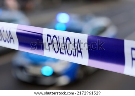 Blue and white security tape with the word police. No entry. Royalty-Free Stock Photo #2172961529