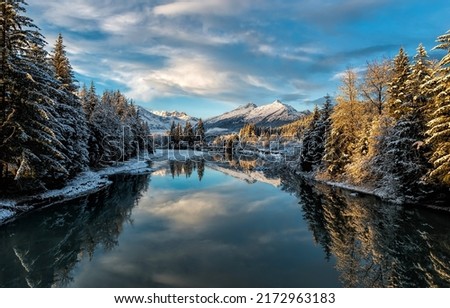 River in the winter forest. Forest river in snowy mountain valley. River in snowy forest. Snowy forest river landscape Royalty-Free Stock Photo #2172963183