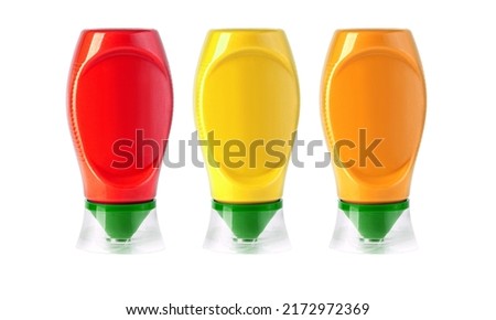 plastic bbq sauce bottles isolated on white background with clipping path